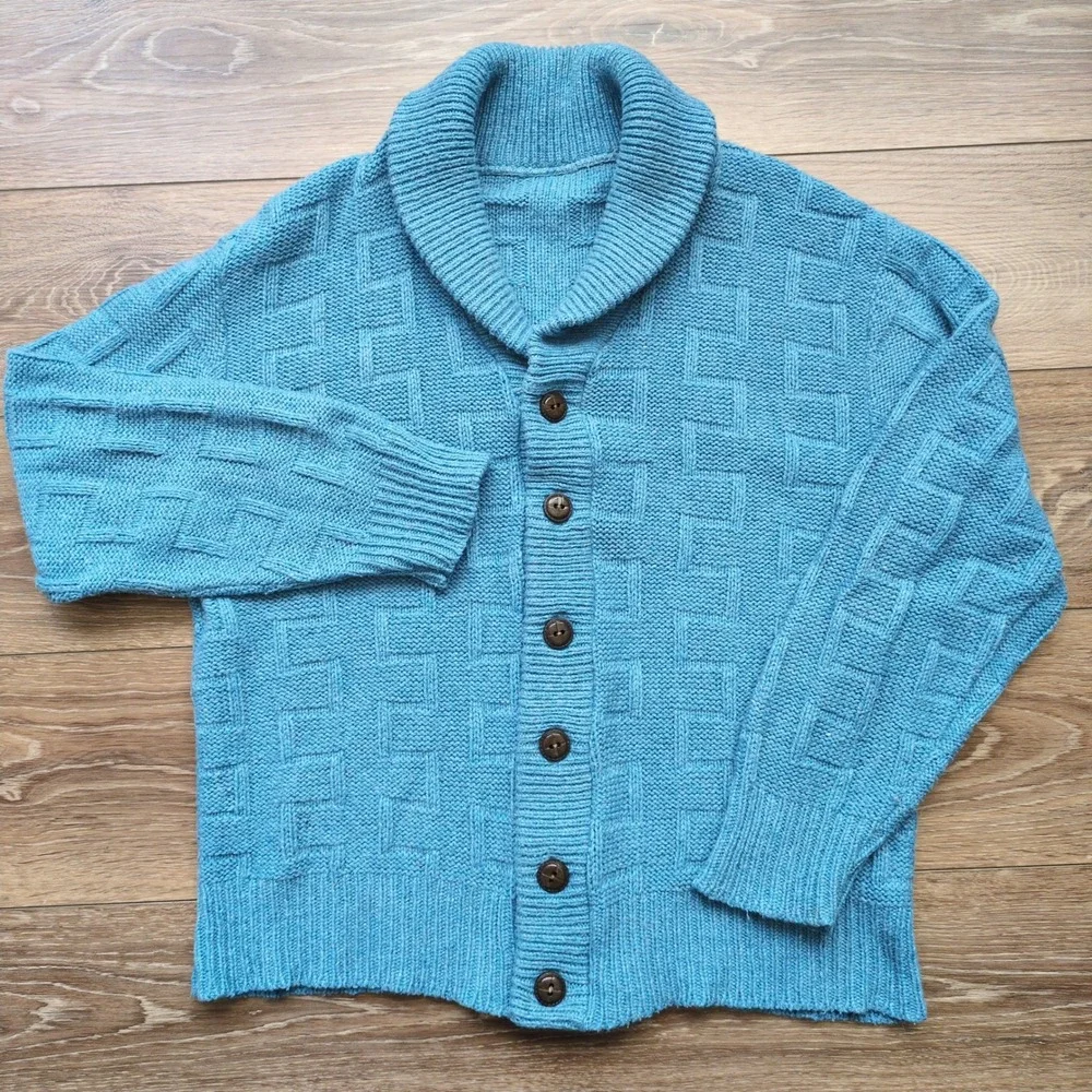 Vtg Shawl Collar Cardigan Blue‎ Basketweave Geometric Knit Button Sweater Size M